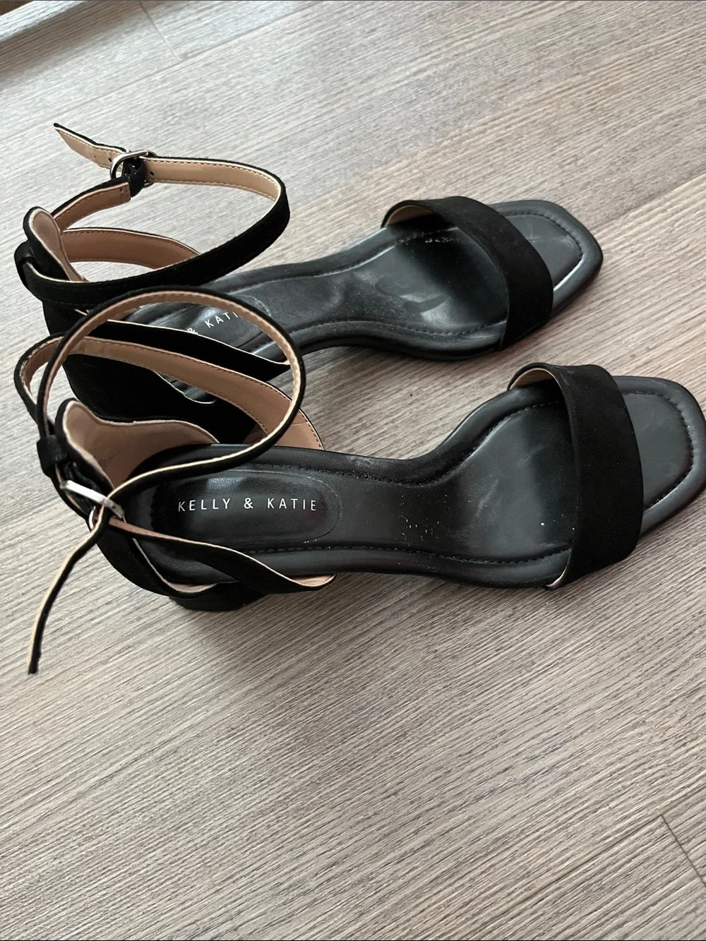 Kelly & Katie Black Suede Block Heel Ankle-Strap Sandals